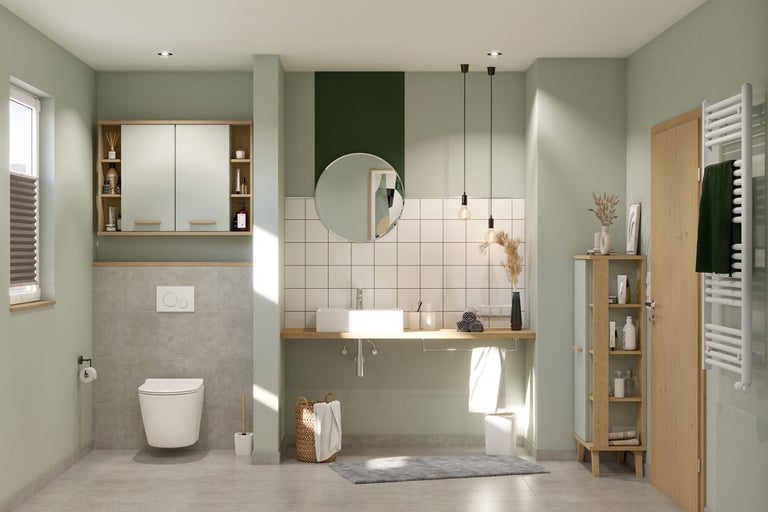 Helles Badezimmer mit Waschtisch, Spiegel, Toilette und Heizkörper