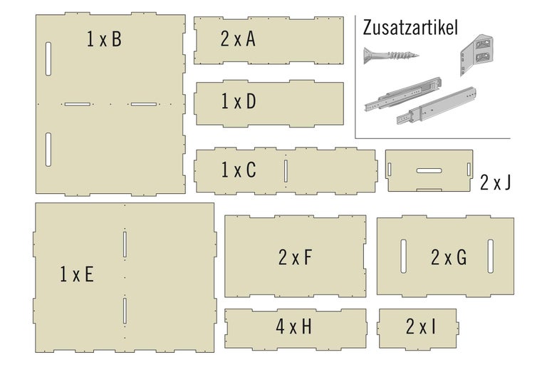 Einzelteile für ein Möbelstück mit Schrauben und Beschlägen