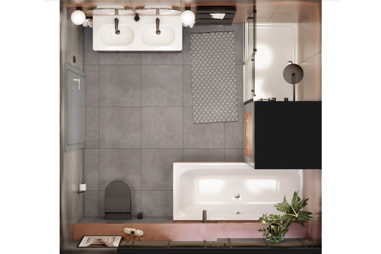 Ansicht von oben eines Badezimmers mit Doppelwaschbecken, Badewanne, Toilette und grauen Fliesen