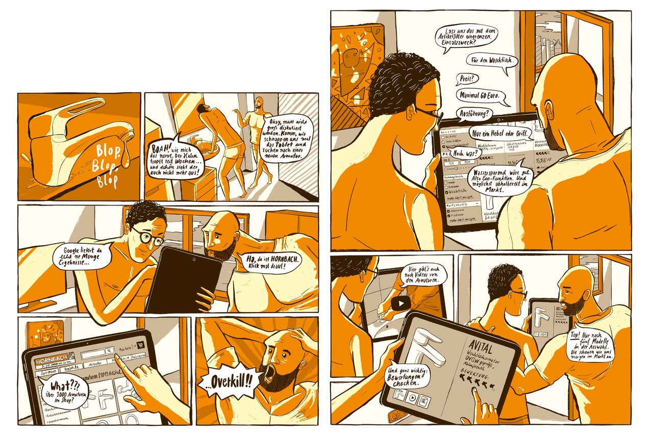 Comicstrip: Männer suchen online auf der Hornbach Webseite nach einer Waschtischarmatur.
