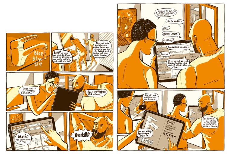 Comicstrip: Männer suchen online auf der Hornbach Webseite nach einer Waschtischarmatur.