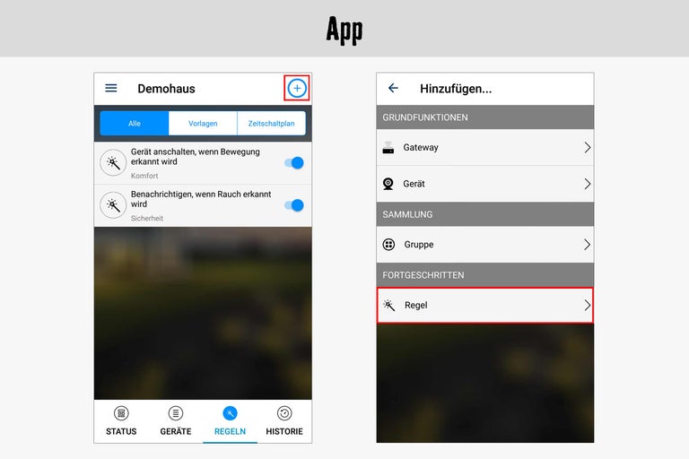 App-Ansicht mit den Optionen Gateway, Gerät und Regel