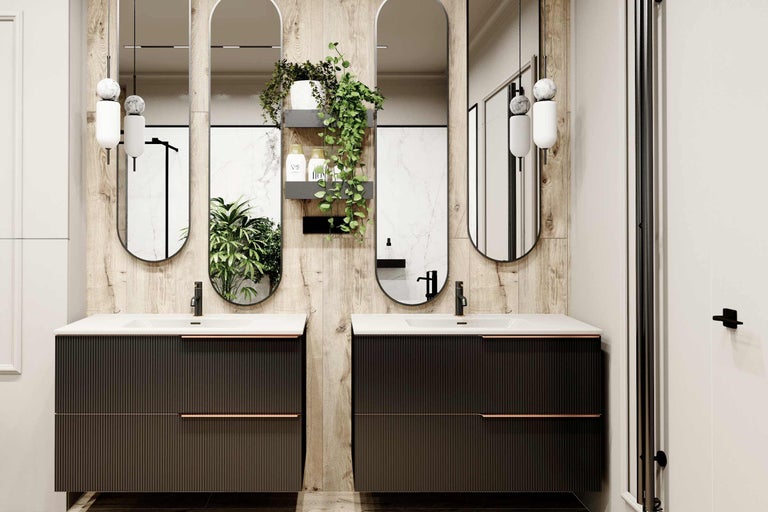 Modernes Badezimmer mit zwei Waschbeckenunterschränken, Spiegeln und dekorativen Elementen