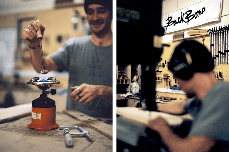 Werkstatt-Szene mit Handwerker, Kocher, Werkzeugen und Backbone Logo