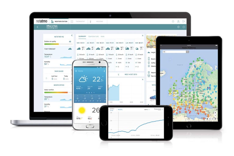 Mehrere Geräte zeigen die Netatmo Wetterstation App mit Wetterdaten und Vorhersagen