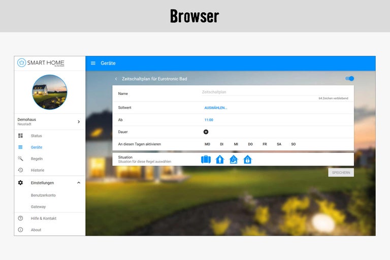Screenshot der Smart Home App von Hornbach zur Gerätesteuerung und Zeitplanung