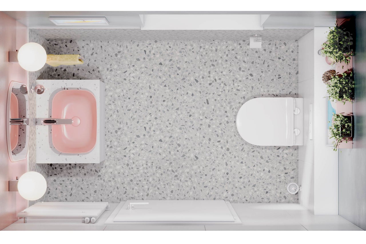 Ansicht von oben eines Badezimmers mit Toilette, Dusche, Waschbecken und Spiegel