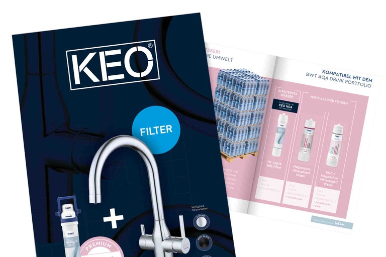 Keo Filter Broschüre mit Wasserhahn und Wasserfilter