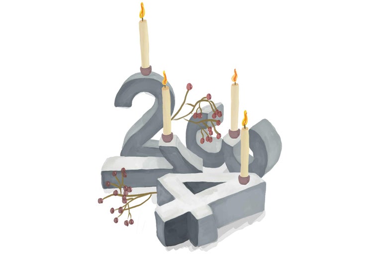 Dekorative Adventszahlen mit Kerzen und Beerenzweigen
