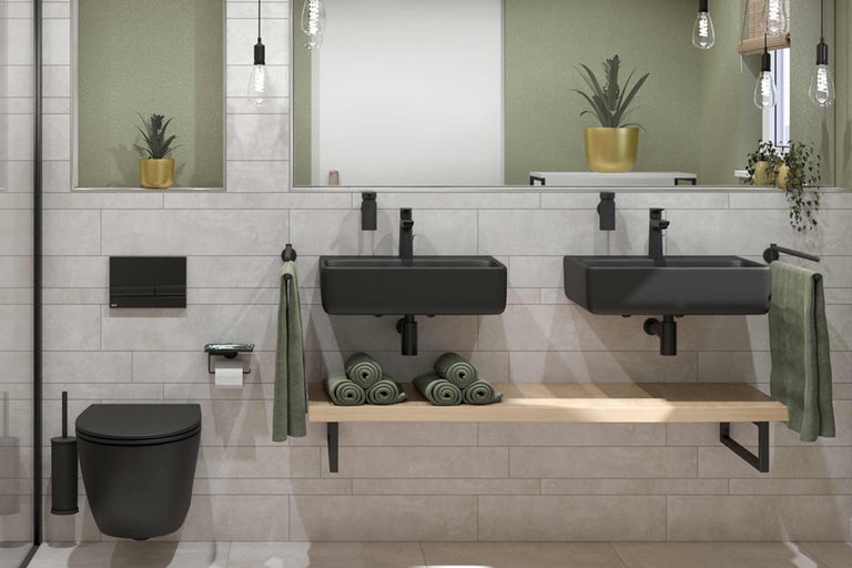 Modernes Badezimmer mit zwei Waschbecken, Toilette und stilvollen Accessoires