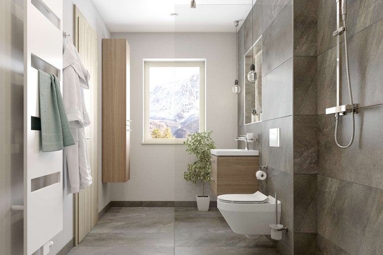 Helles Badezimmer mit Dusche, Waschtisch, Toilette und Handtuchwärmer