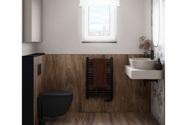 Modernes Badezimmer mit Toilette, Waschbecken, Heizkörper und Holzverkleidung