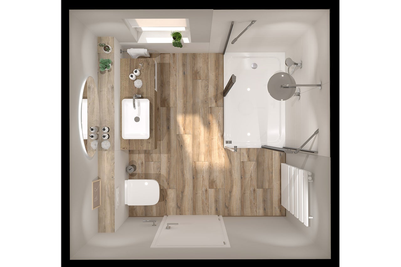 Draufsicht auf ein modern gestaltetes Badezimmer mit Dusche, Waschplatz, WC und Boden in Holzoptik.
