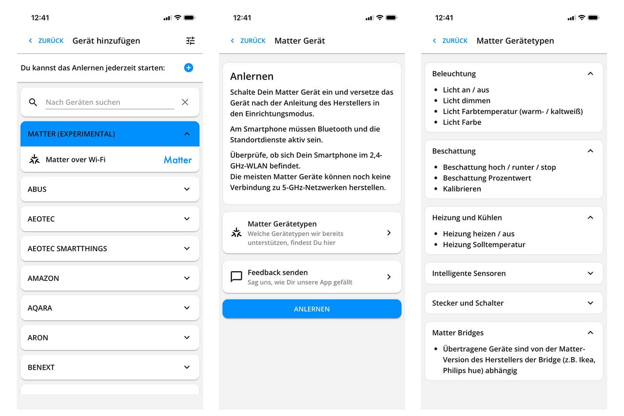 Screenshots der Matter-Gerätekonfiguration in einer App