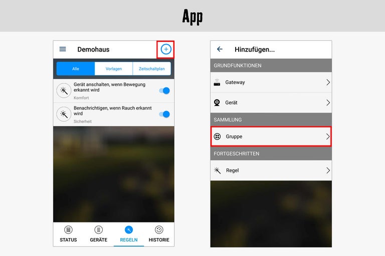 App-Ansicht mit den Optionen Gerät hinzufügen und Gruppe erstellen