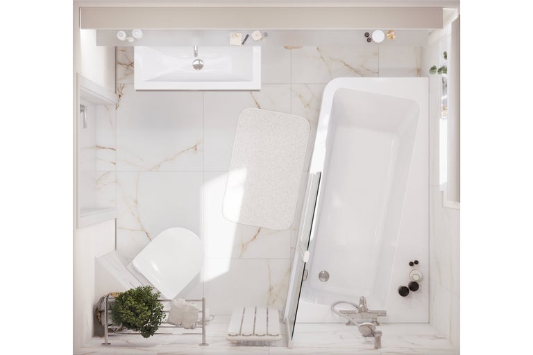 Ansicht von oben eines Badezimmers mit Waschbecken, Toilette und Badewanne