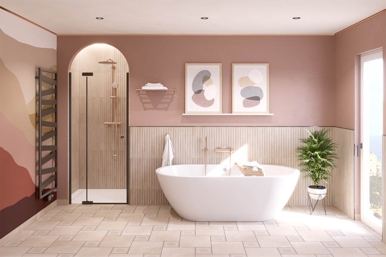 Helles Badezimmer mit freistehender Badewanne, Dusche und Heizkörper