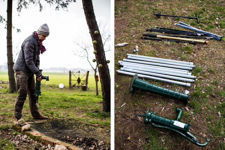 Montage einer Schwengelpumpe im Garten mit Zubehörteilen