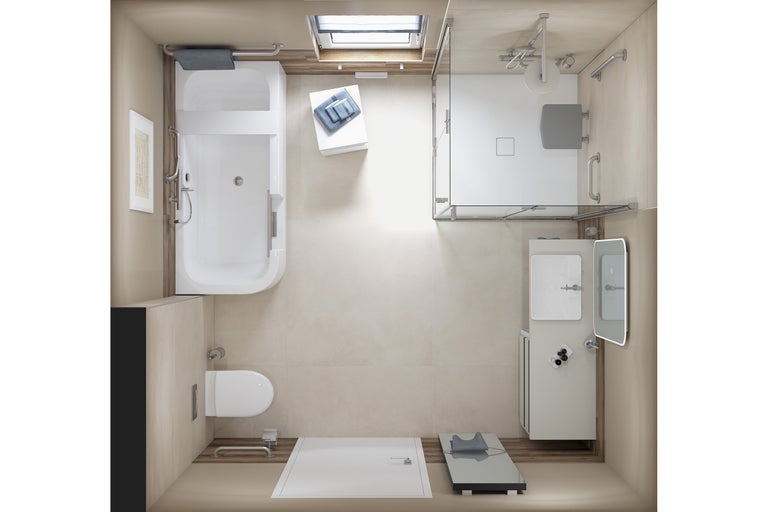 Draufsicht eines hellen Badezimmers mit Badewanne, Dusche, Waschbecken und Toilette