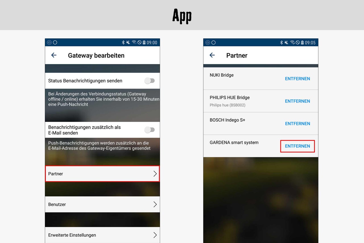 App-Ansicht mit Optionen zum Bearbeiten von Gateway- und Partner-Einstellungen