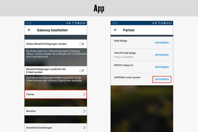 App-Ansicht mit Optionen zum Bearbeiten von Gateway- und Partner-Einstellungen