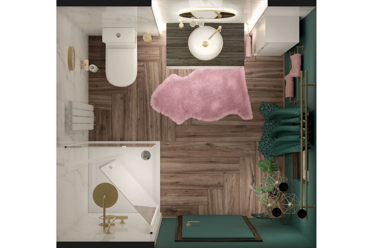 Draufsicht eines modernen Badezimmers mit Dusche, WC, Waschtisch, Bodenfliesen in Holzoptik, einem rosa Teppich und grünen Wandelementen.