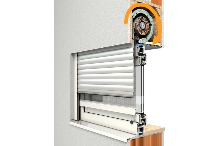 Schnittdarstellung eines Rollladensystems mit Motor