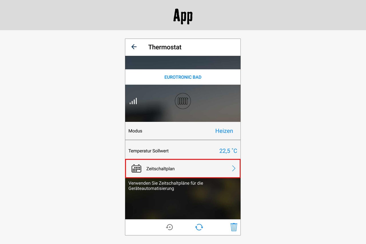 Screenshot einer Thermostat App mit der Option Zeitschaltplan