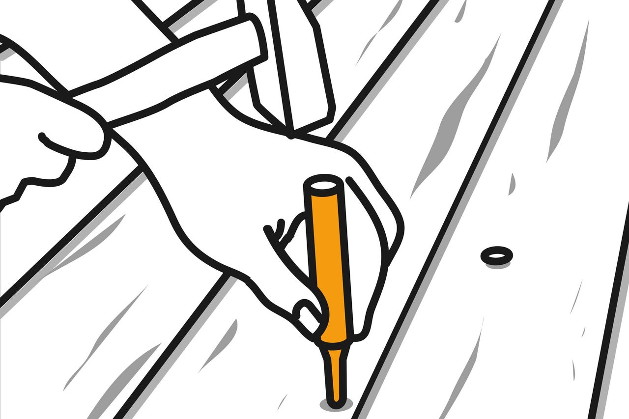 Illustration eines Mannes, der mit einem Hammer einen Dübel in ein Holzbrett schlägt