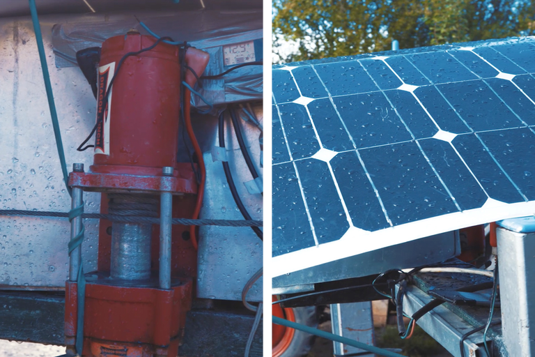 Detailaufnahme einer Dragon Winch Seilwinde und eines Solarmoduls