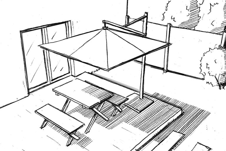 Skizze einer Gartenszene mit Terrassenüberdachung und Picknicktisch