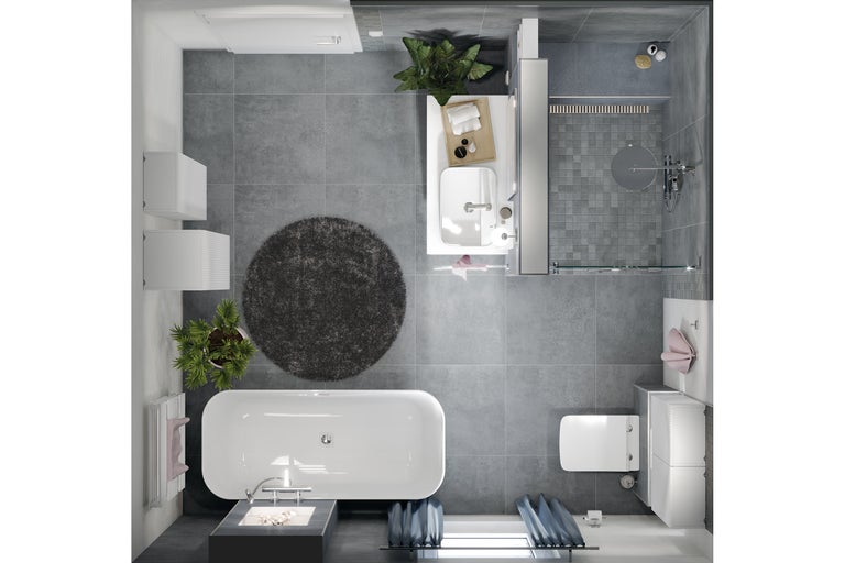 Draufsicht eines modernen Badezimmers mit Badewanne, Dusche, Waschbecken und Toilette