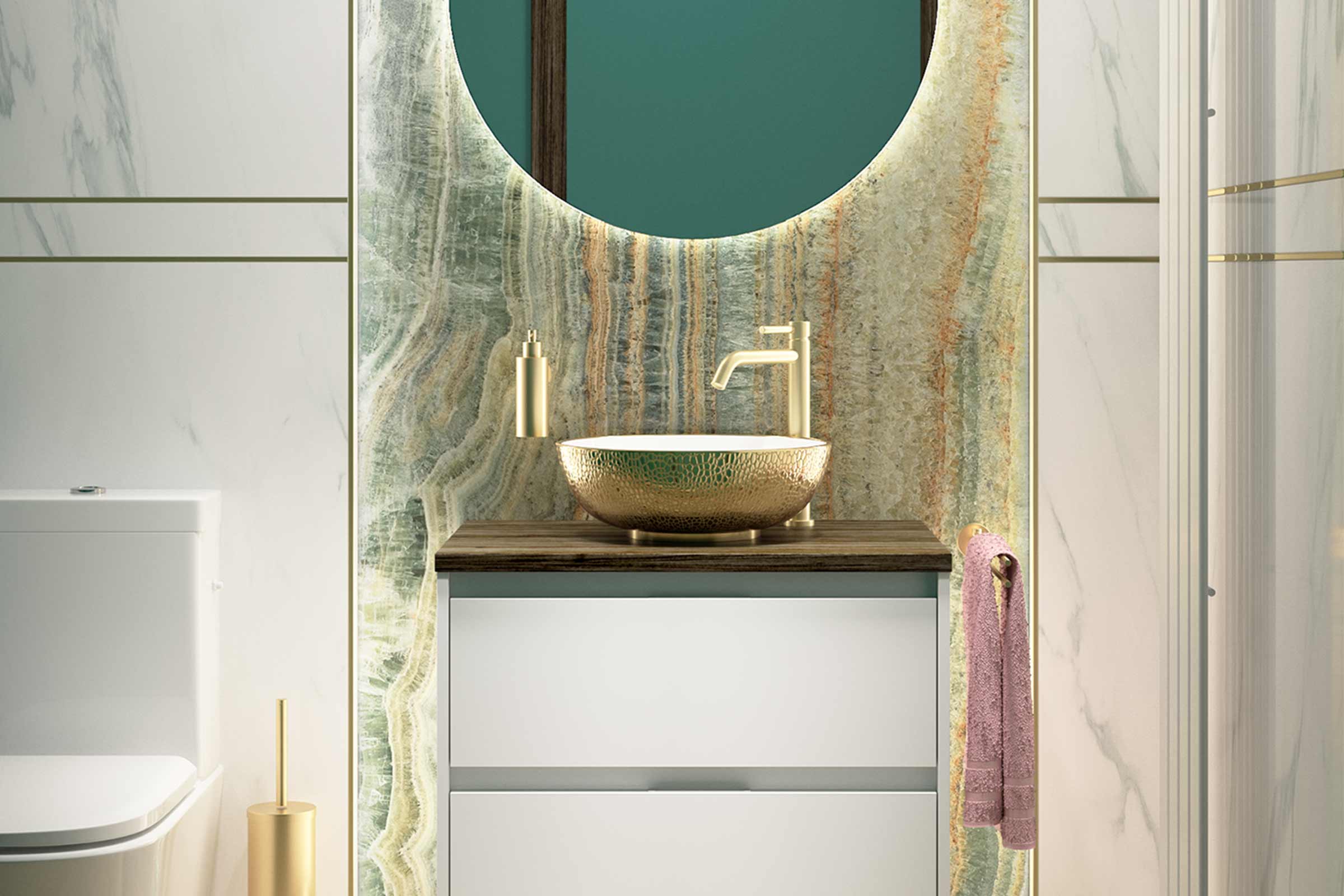 Modernes Badezimmer mit Waschtischunterschrank, Aufsatzwaschbecken, Spiegel und Toilette