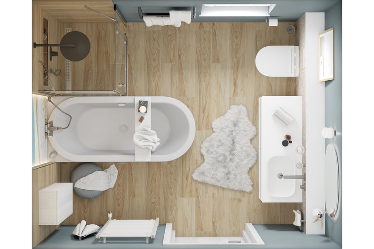 Ansicht von oben eines hellen Badezimmers mit Badewanne, Dusche, Toilette und Waschtisch