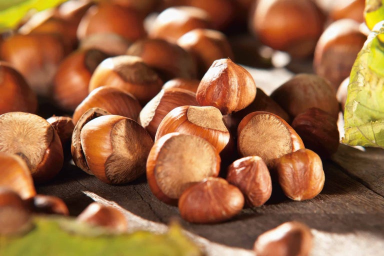 Nahaufnahme von Haselnüssen auf Holzgrund