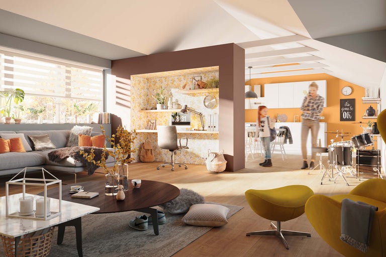 Wohnzimmer mit Sofa, Schreibtisch, Arbeitszimmer und Küche in offenem Design