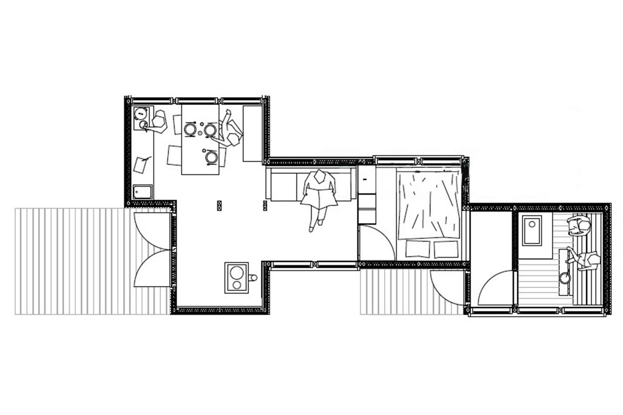 Grundriss eines Hauses mit Wohnzimmer, Schlafzimmer und Badezimmer