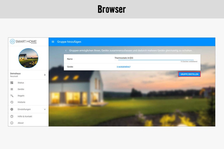 Smart Home App Oberfläche zur Erstellung einer Gerätegruppe