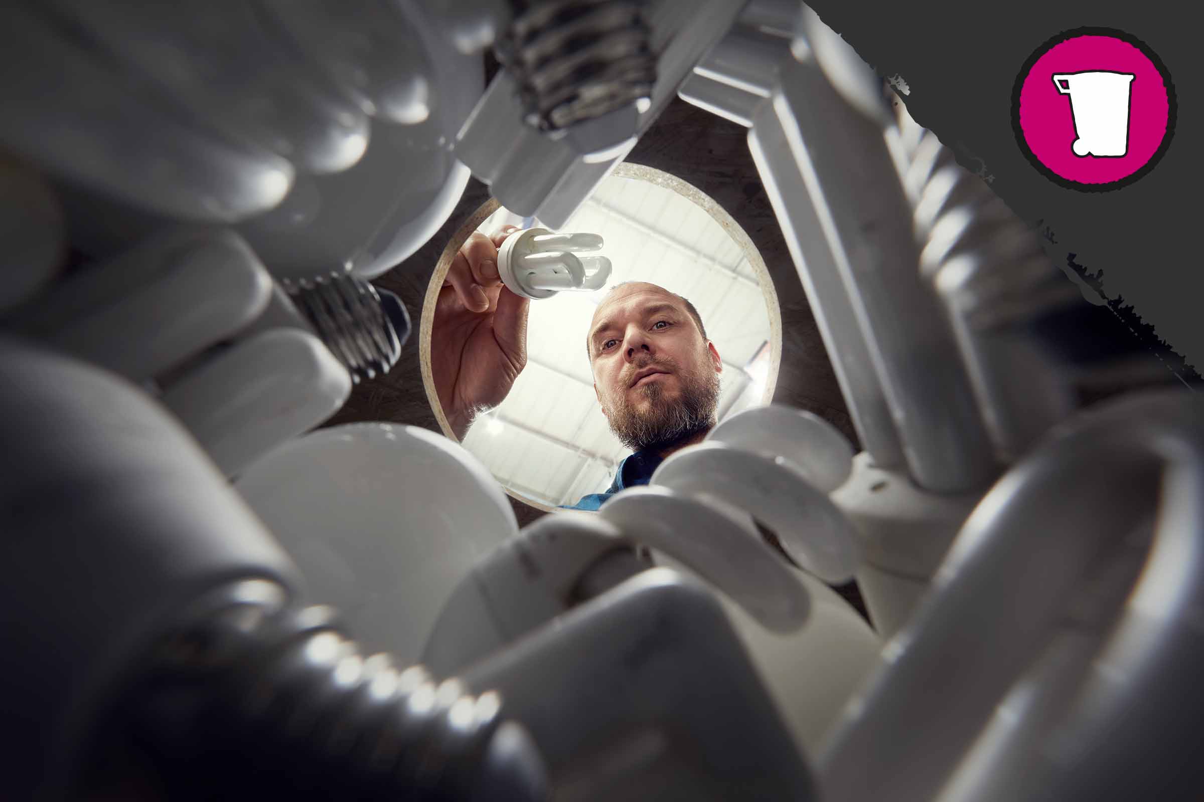 Symbol für die Entsorgung von Leuchtmitteln mit einem Mann, der eine Energiesparlampe hält