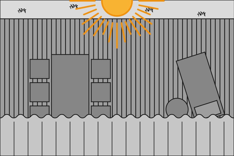 Illustration einer Kläranlage mit Gitter, Behältern und Sonne