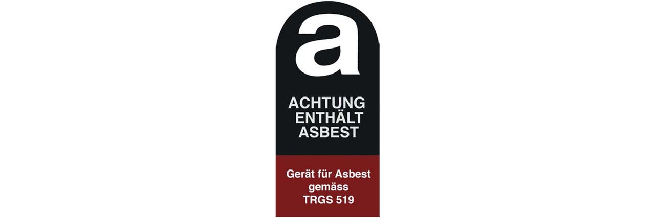 Symbol für Asbestgefahr: Achtung, enthält Asbest. Gerät für Asbest gemäß TRGS 519.