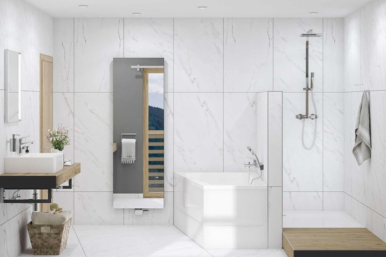 Helles Badezimmer mit Waschbecken, Spiegel, Badewanne und Dusche