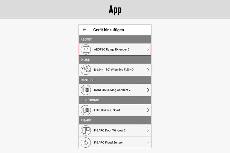 Screenshot einer App zur Geräteinstallation mit Auswahlmöglichkeiten für verschiedene Hersteller