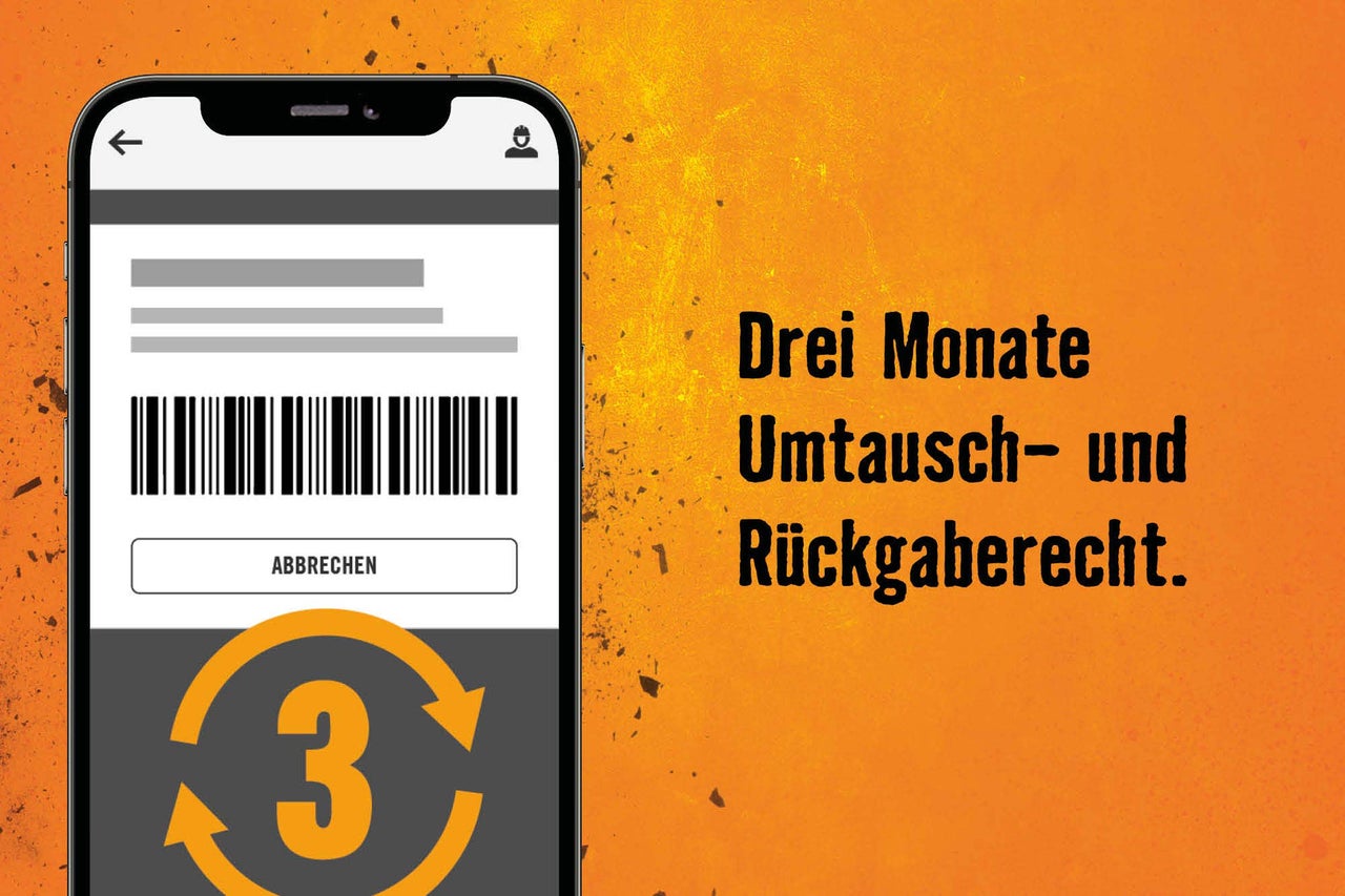 Smartphone-Display mit Barcode und Hinweis auf dreimonatiges Umtausch- und Rückgaberecht.