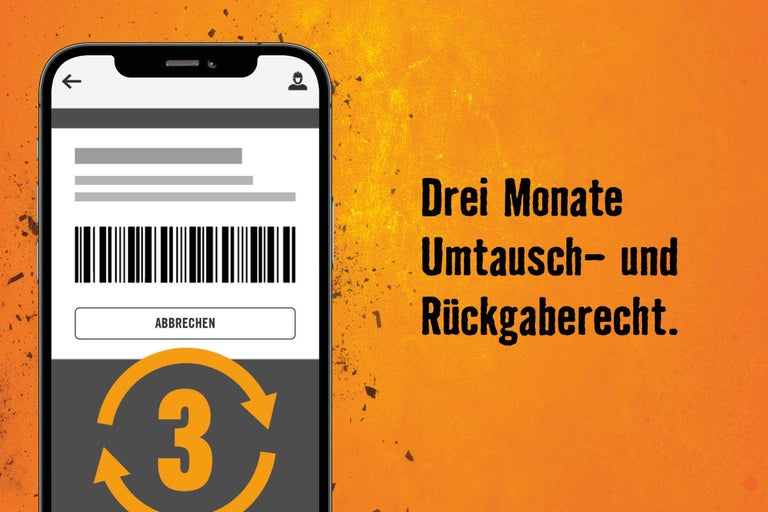 Smartphone-Display mit Barcode und Hinweis auf dreimonatiges Umtausch- und Rückgaberecht.