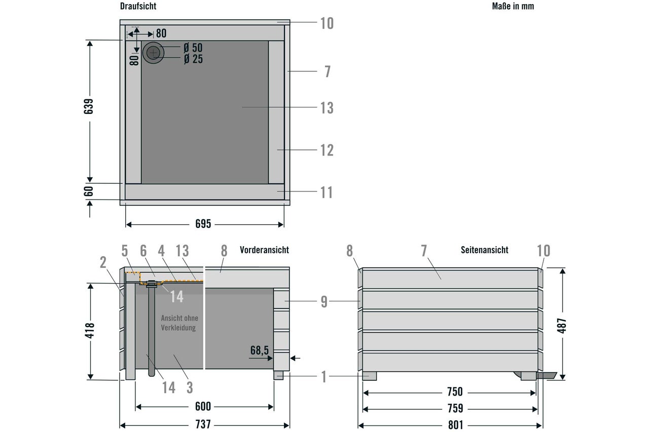 Technische Zeichnung eines Wasserbeckens mit Maßangaben in Millimetern