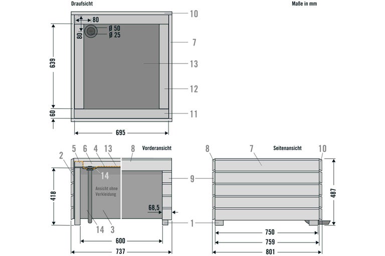 Technische Zeichnung eines Wasserbeckens mit Maßangaben in Millimetern