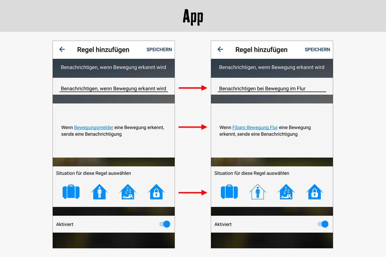 App-Screenshots zur Konfiguration von Bewegungsmelder-Benachrichtigungen