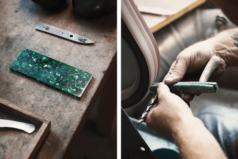 Auf dem Bild ist die Herstellung eines Messers mit einem Griff aus Epoxidharz zu sehen.