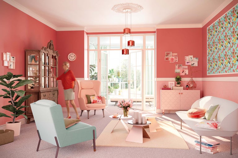 Wohnzimmer mit Möbeln, Dekoration und Textilien in verschiedenen Pastelltönen und einem offenen Zugang zum Balkon